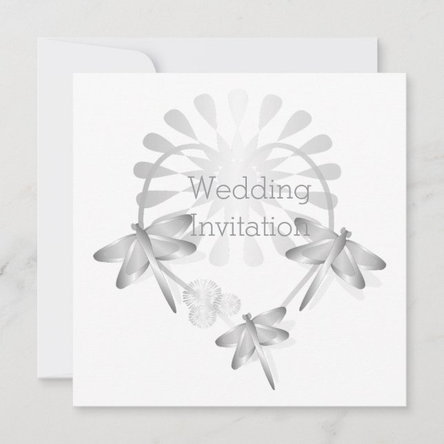 Wedding Invitation Silver Dragonflies Heart (Front)