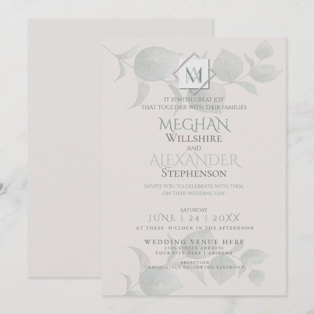 Wedding Invitation | Silver Sage  Eucalyptus (Front/Back)