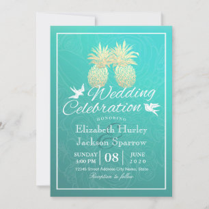 Wedding Invitation Teal Gold Foil Pineapple Couple