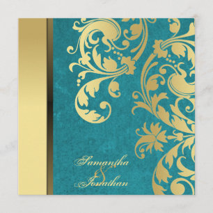 Wedding Invitation Teal Gold Shimmer Floral