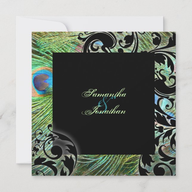 Wedding Invitation Teal Green Peacock Feathers (Front)