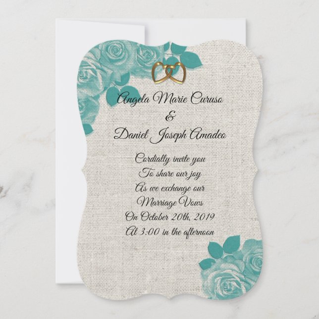 Wedding Invitation Teal roses on linen (Front)