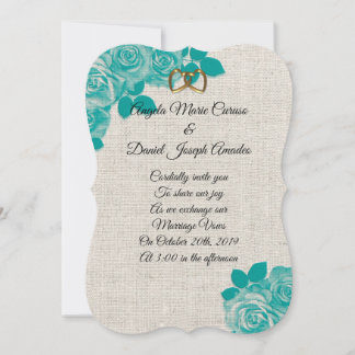 Wedding Invitation Teal roses on linen