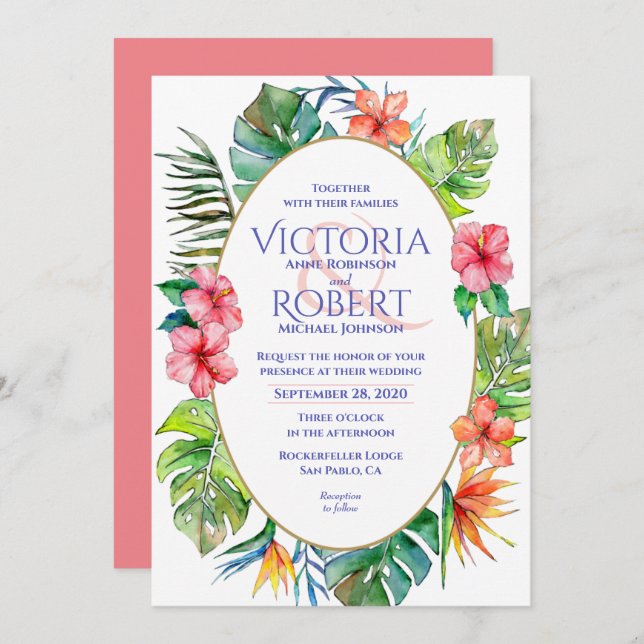 Wedding Invitation | Tropical Floral Watercolor (Front/Back)