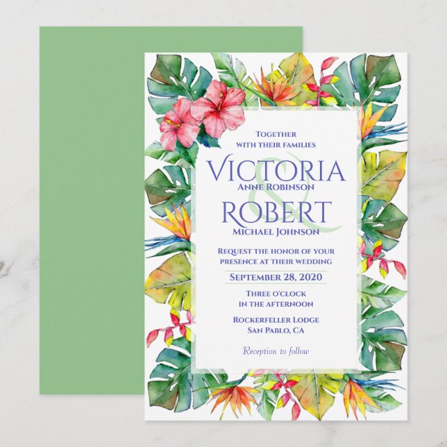 Wedding Invitation | Tropical Watercolor Floral (Front/Back)