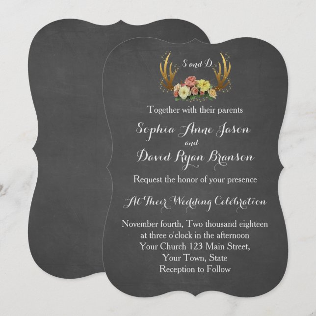 Wedding Invitation | Unique Antlers Floral Chalk (Front/Back)
