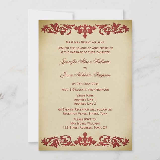 Wedding Invitation Vintage Leaf Scroll in Burgundy (Front)
