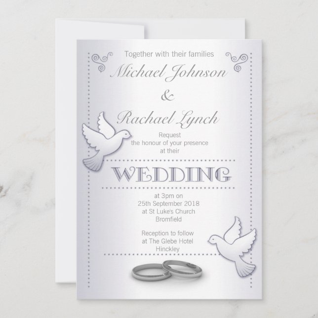 Wedding Invitation Vintage Silver Lovebirds (Front)