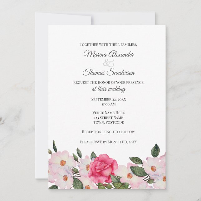 Wedding Invitation Watercolor Pink White Roses (Front)