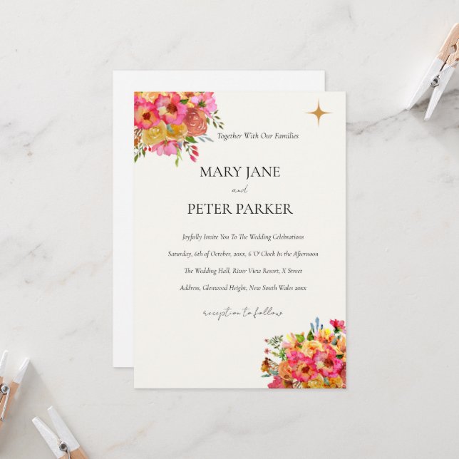 Wedding Invitation Watercolour floral rustic (Front/Back In Situ)