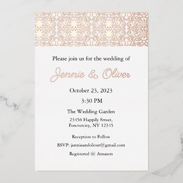 Wedding Invitation, Wedding Stationary, Foil, Lace (Front)