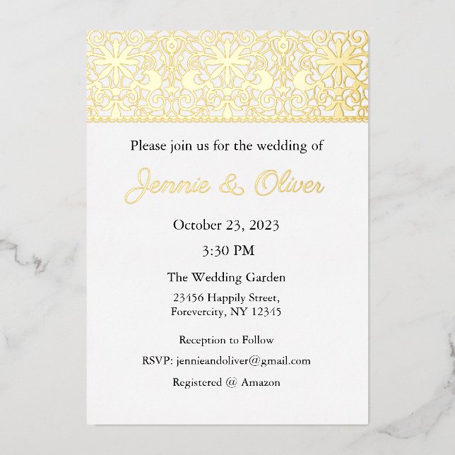 Wedding Invitation, Wedding Stationary, Foil, Lace (Front)