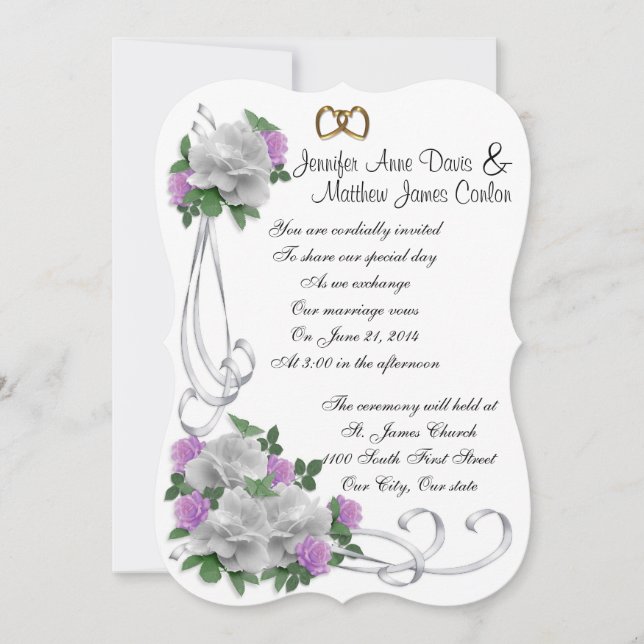 Wedding invitation White and lavender roses (Front)