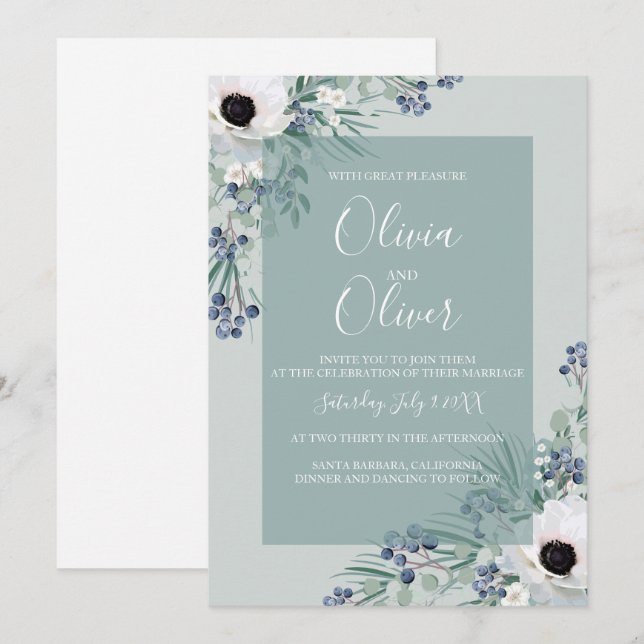 Wedding invitation white anemone sage green (Front/Back)