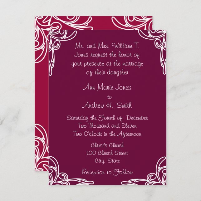 Wedding Invitation White Corners Swirl on Rasberry (Front/Back)
