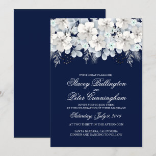 Wedding invitation white flower sakura navy blue