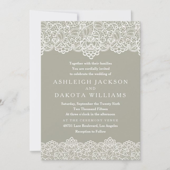 Wedding Invitation | White Lace on Olive Green (Front)