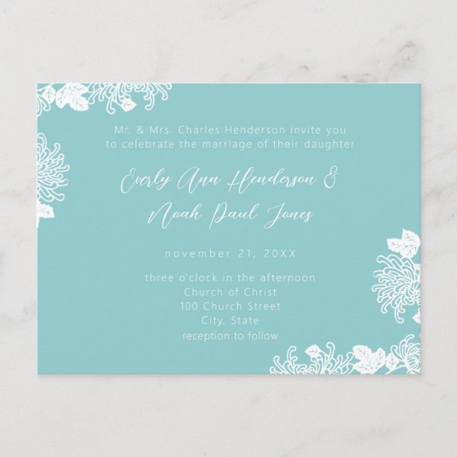 Wedding Invitation White On Dark Turquoise Vintage (Front)