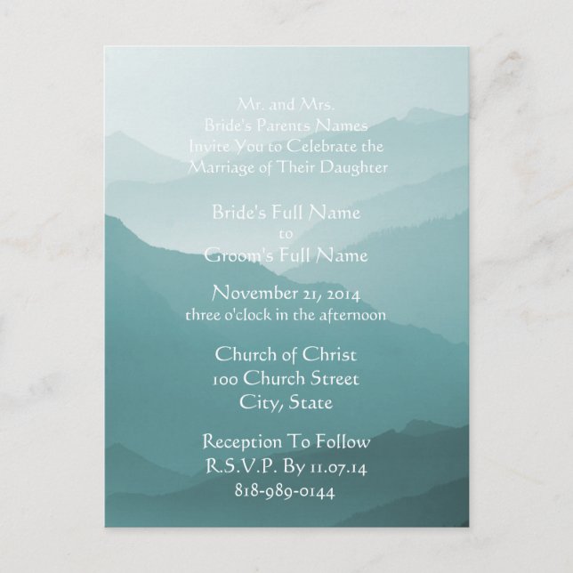 Wedding Invitation White On Misty SeaBlue (Front)