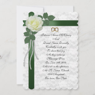 Wedding Invitation  white rose, green ribbons