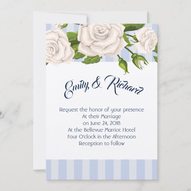 Wedding Invitation-White Roses on Blue Stripes Inv Invitation (Front)