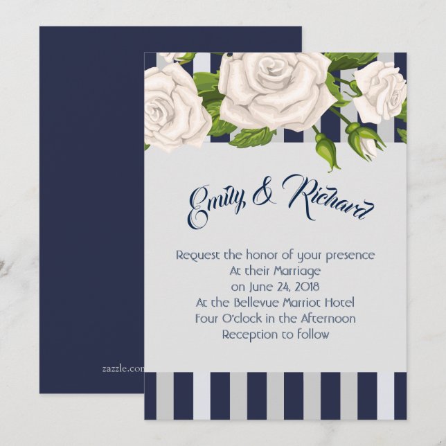Wedding Invitation-White Roses on Blue Stripes Invitation (Front/Back)