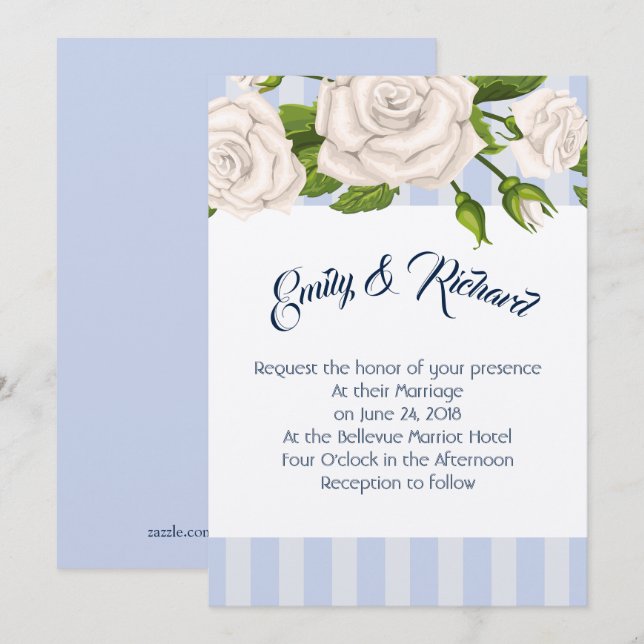 Wedding Invitation-White Roses on Blue Stripes Invitation (Front/Back)