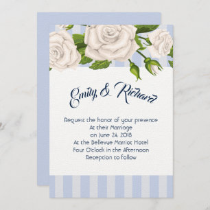 Wedding Invitation-White Roses on Blue Stripes Invitation