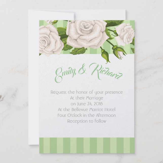 Wedding Invitation-White Roses on Green Stripes In Invitation (Front)