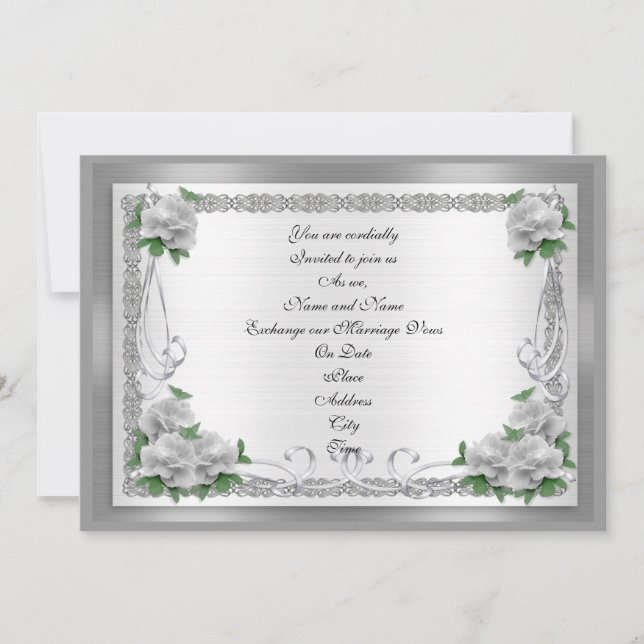 Wedding invitation white roses on silver satin (Front)