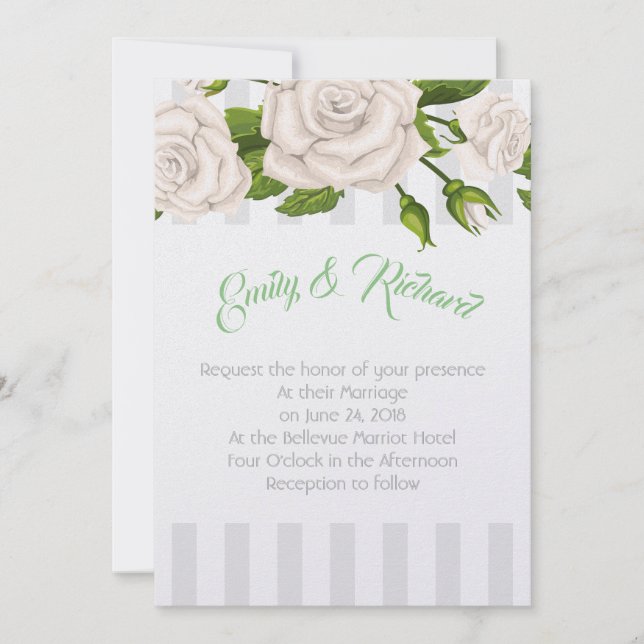 Wedding Invitation-White Roses on Stripes Invitati Invitation (Front)