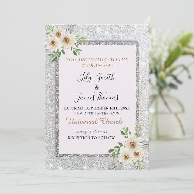 Wedding Invitation-White Silver Floral Invitation (Standing Front)