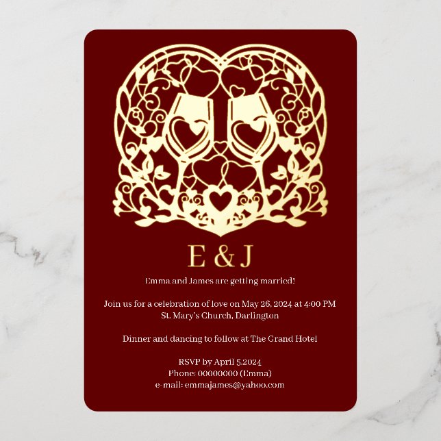 Wedding invitation, wine glasses, hearts (Front)