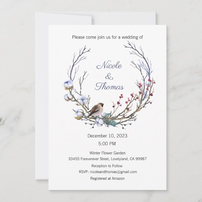 Wedding Invitation, Winter Wedding, Wreath Invitation (Front)
