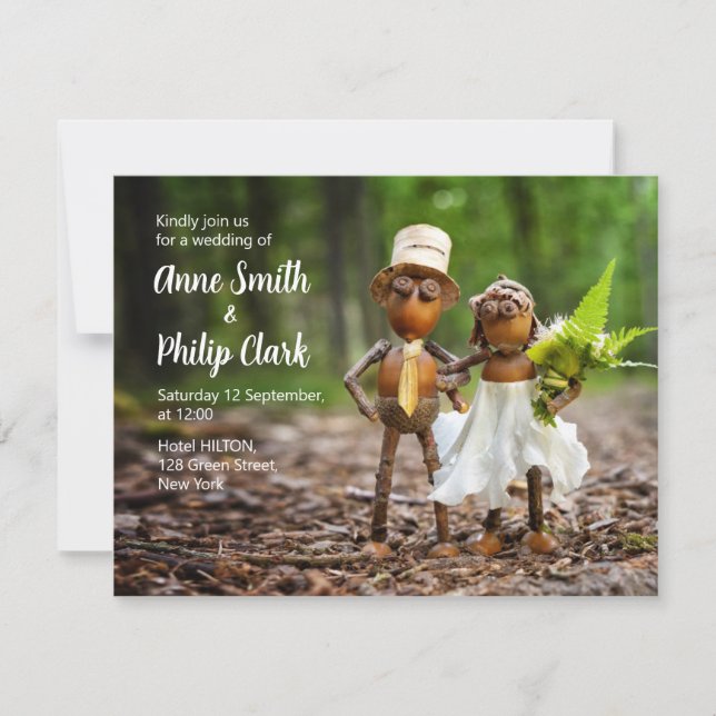 Wedding invitation with Acorn elves in love (Front)