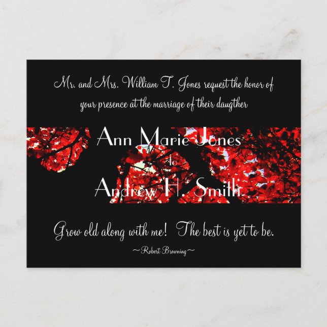 Wedding Invitation with Black With Red Leafed Tree Postcard (Front)