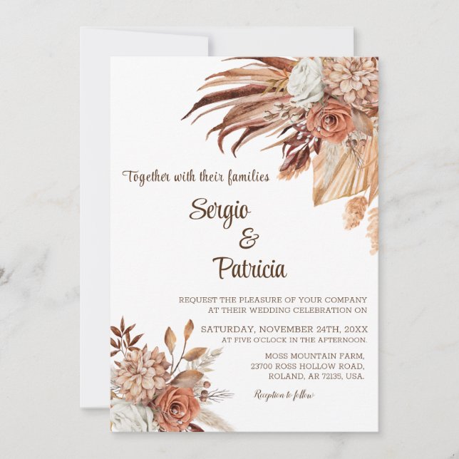 Wedding Invitation With Boho Flowers Template (Front)