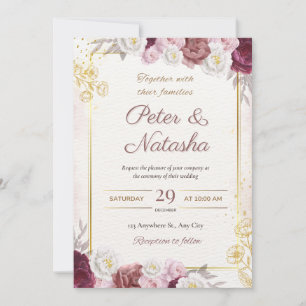 Wedding Invitation with Burgundy and Blush Flowers