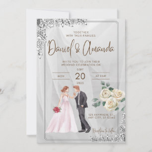 wedding invitation with couple graphic and roses