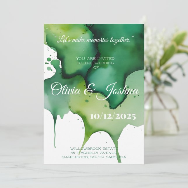 Wedding Invitation with Green Watercolor Stain  (Standing Front)