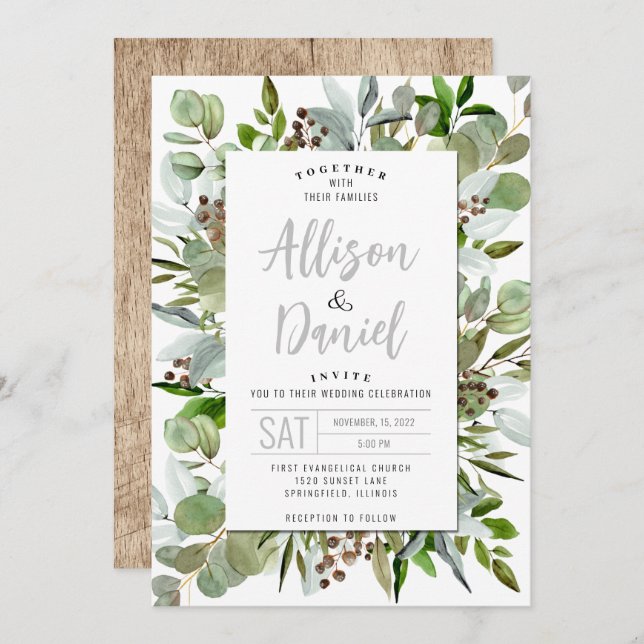 Wedding Invitation with Modern Eucalyptus Greenery (Front/Back)