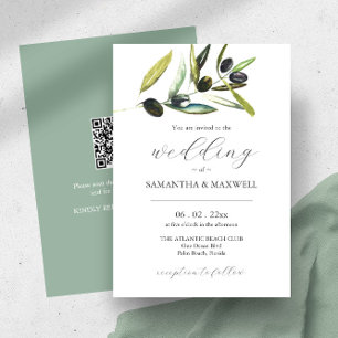 Wedding Invitation with QR Code Botanical Olive