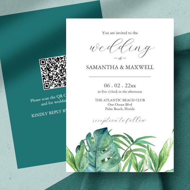 Wedding Invitation with QR Code Tropical Leaves (Affordable destination wedding ideas feature tropical watercolor art by Victoria Grigaliunas )