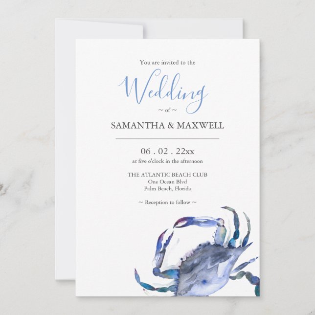 Wedding Invitation with QR Code Watercolor Crab (Front)