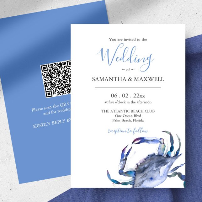 Wedding Invitation with QR Code Watercolor Crab (Beach Wedding invitations with QR code features a watercolor blue crab by Victoria Grigaliunas )