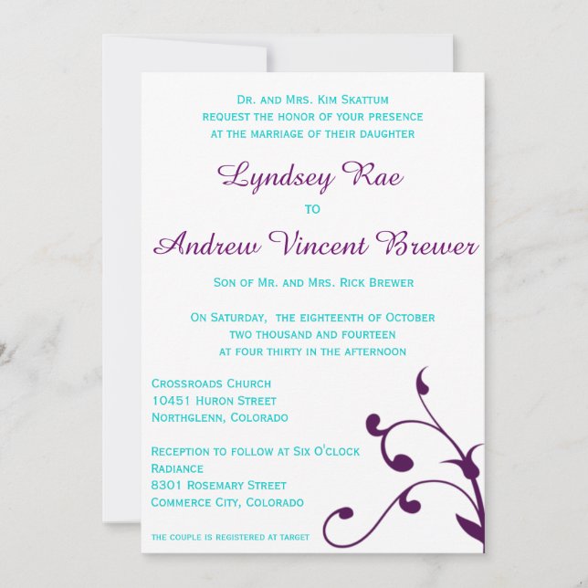 Wedding Invitation with Turquoise and Purple (Front)