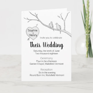 Wedding Invitation with two doves and tree heart