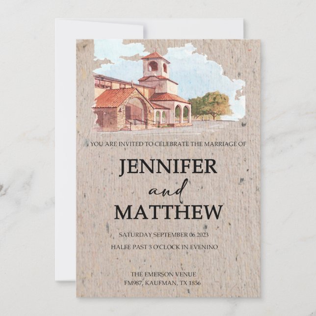 Wedding Invitation with Watercolor Venue Painting (Front)