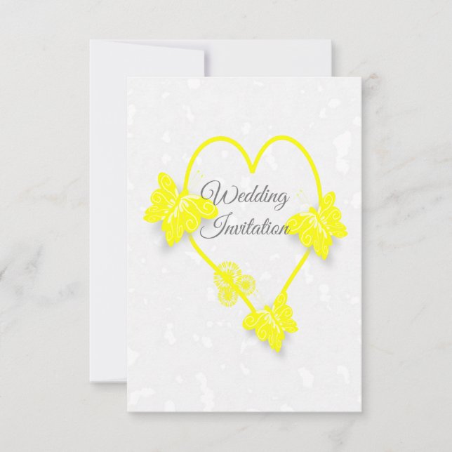 Wedding Invitation Yellow Heart Butterflies (Front)