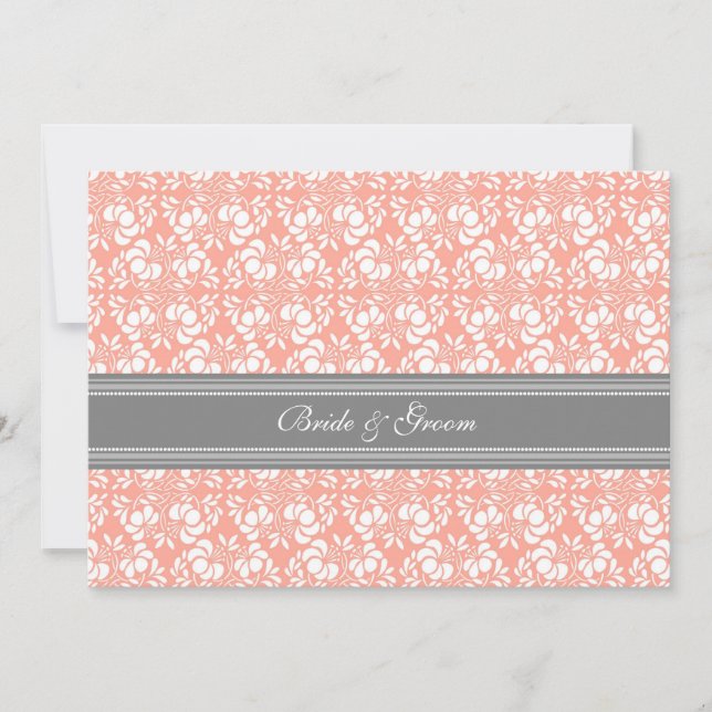 Wedding Invitations Coral Grey White Damask (Front)